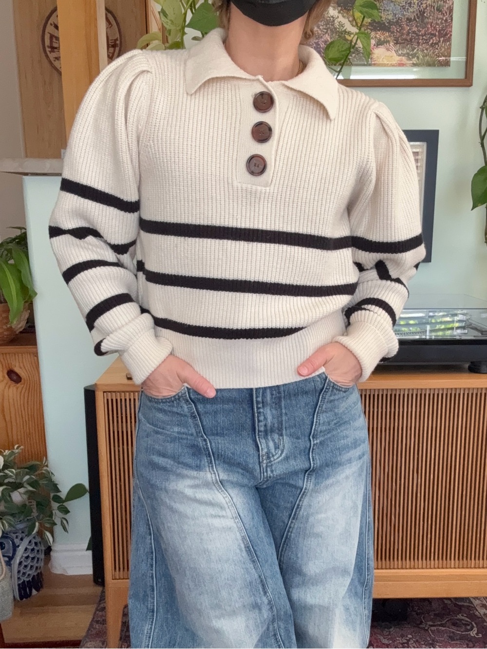 Cream Polo Knit Sweater with Black Stripes